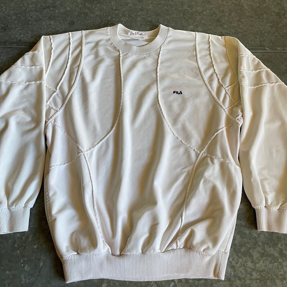 Vintage Fila Made in Italy Pockets Crewneck Sweatshirt 34 White Cream Geometric